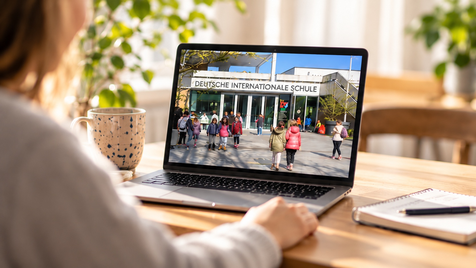 Digitale Informationsveranstaltung der Deutschen Internationalen Schule Den Haag am Laptop